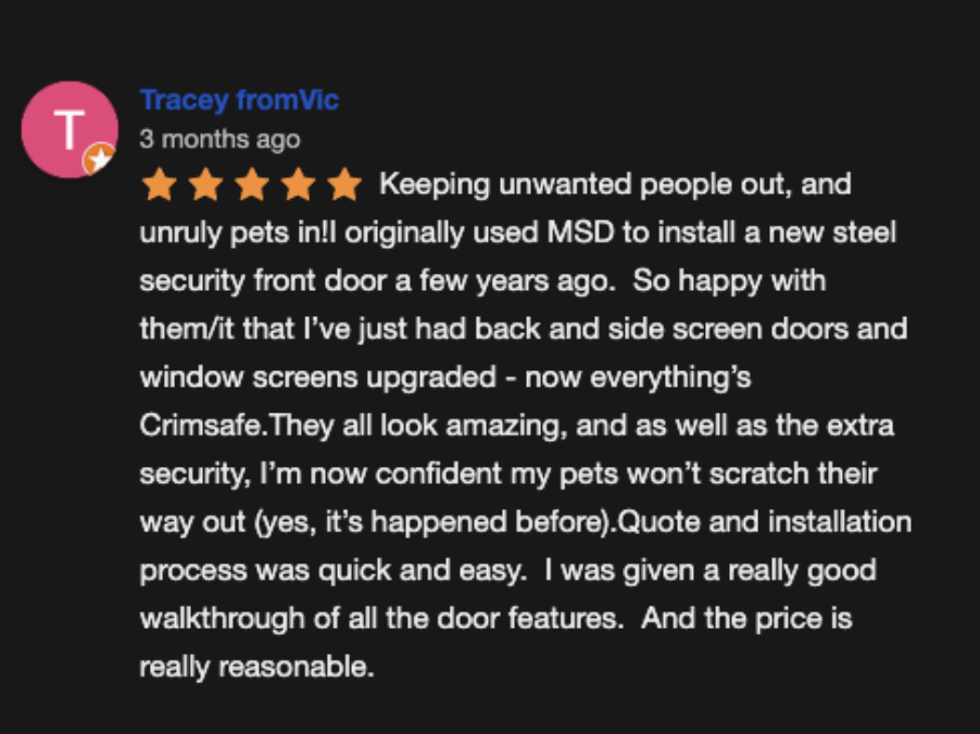 Tracey fromVic Crimsafe Review