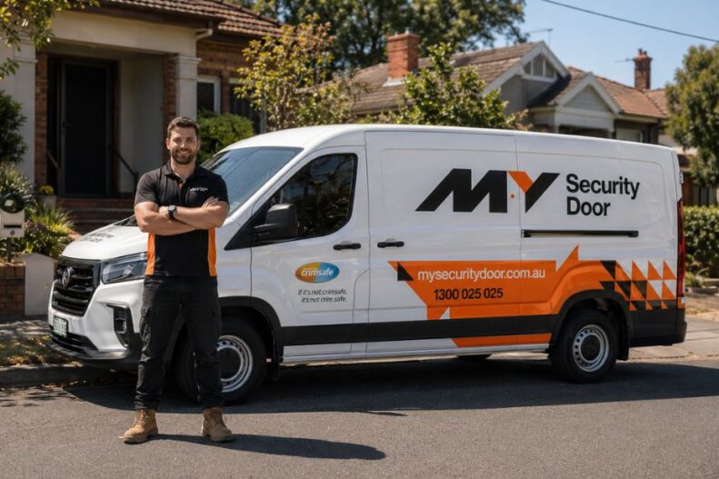 My Security Door Installer standing next to My Security Door Van on a Melbourne street